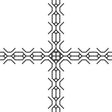 Örgü örgülü örgülü örgülerin çeşitli varyasyonları, beyaz arka plandaki hücreler tarafından yapılmış. Şablonun ana motifi örgü örülmüş bir at kuyruğuna benziyor. Örgüler karelerin, dairelerin ve çeşitli geometrik şekillerin sonsuz şekillerinden oluşur.