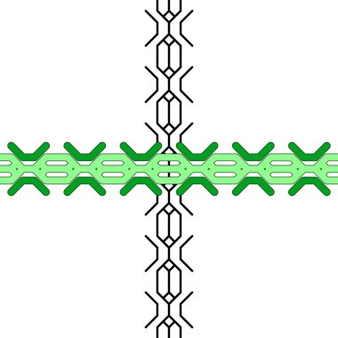 Örgü örgülü örgülü örgülerin çeşitli varyasyonları, beyaz arka plandaki hücreler tarafından yapılmış. Şablonun ana motifi örgü örülmüş bir at kuyruğuna benziyor. Örgüler karelerin, dairelerin ve çeşitli geometrik şekillerin sonsuz şekillerinden oluşur.
