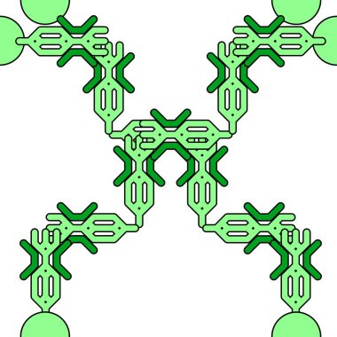 Örgü örgülü örgülü örgülerin çeşitli varyasyonları, beyaz arka plandaki hücreler tarafından yapılmış. Şablonun ana motifi örgü örülmüş bir at kuyruğuna benziyor. Örgüler karelerin, dairelerin ve çeşitli geometrik şekillerin sonsuz şekillerinden oluşur.