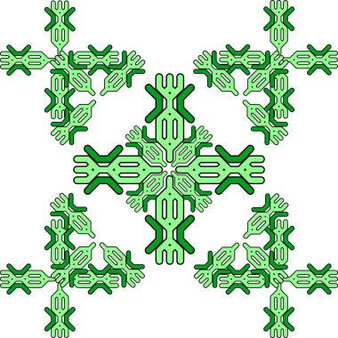 Örgü örgülü örgülü örgülerin çeşitli varyasyonları, beyaz arka plandaki hücreler tarafından yapılmış. Şablonun ana motifi örgü örülmüş bir at kuyruğuna benziyor. Örgüler karelerin, dairelerin ve çeşitli geometrik şekillerin sonsuz şekillerinden oluşur.