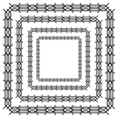 Örgülü örgülü örgülü örgülü örgülü örgülerin varyasyonları beyaz arkaplandaki şebeke hücreleri. Örgü örülmüş bir at kuyruğuna benziyor ve kareler, daireler ve diğer geometrik şekilleri oluşturuyor.
