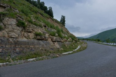 Yol yatağı düzensiz, sarmal, dağların ve kayalıkların arasından geçiyor. Bulutlar karanlık, alçak ve yağmurlu. Yol boyunca yoğun beyaz bir sis yayılıyor..