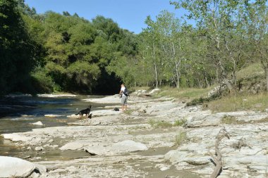 Sonbaharda sıcak bir günde köpekli bir adam nehir boyunca yürür.