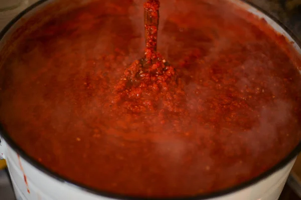 Preparação Purê Tomate Tomates Frescos Moídos — Fotografia de Stock