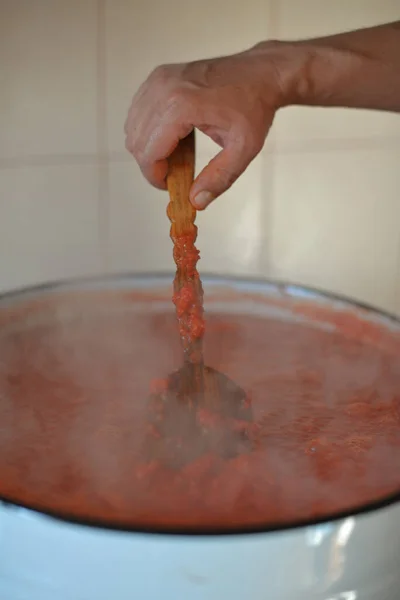 Preparación Puré Tomate Tomates Frescos Molidos — Foto de Stock