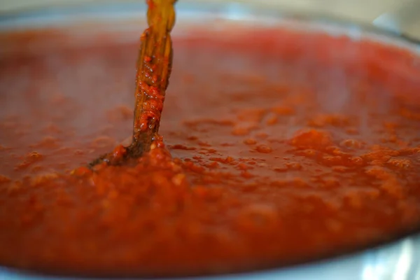 Preparação Purê Tomate Tomates Frescos Moídos — Fotografia de Stock