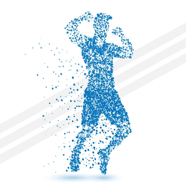 Jumping Winner Man Symbolizing Success Made Small Blue Particles Abstract — Stock Vector