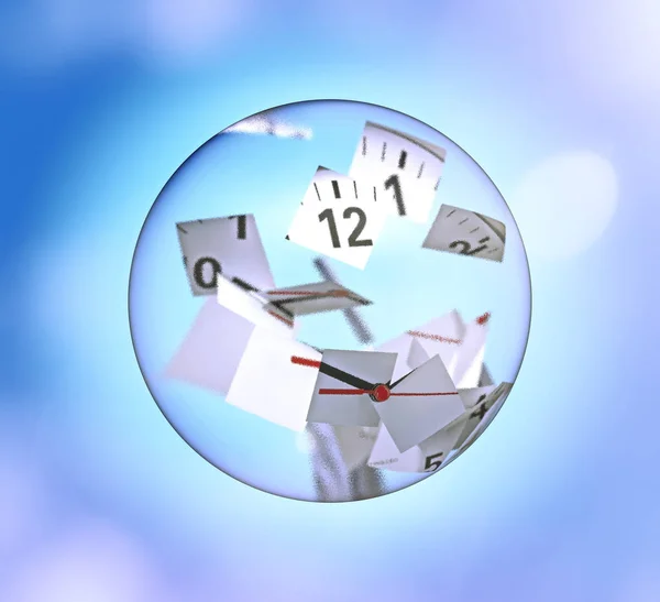 Zegar Podzielone Kawałki Wewnątrz Szkła Piłkę Tle Światła Niebieski Bokeh — Zdjęcie stockowe