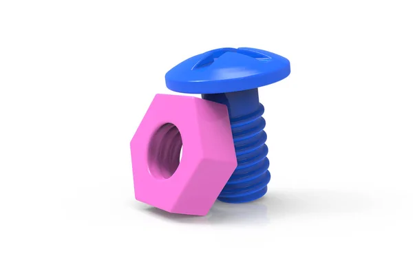 Plastic Toy Blue Screw Pink Nut Couple Male Female Relations — Stock Photo, Image