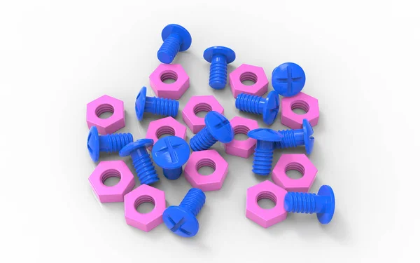 Μπλε Πλαστικό Παιχνίδι Βίδα Και Ροζ Ζευγάρι Καρύδι Αρσενικό Και — Φωτογραφία Αρχείου