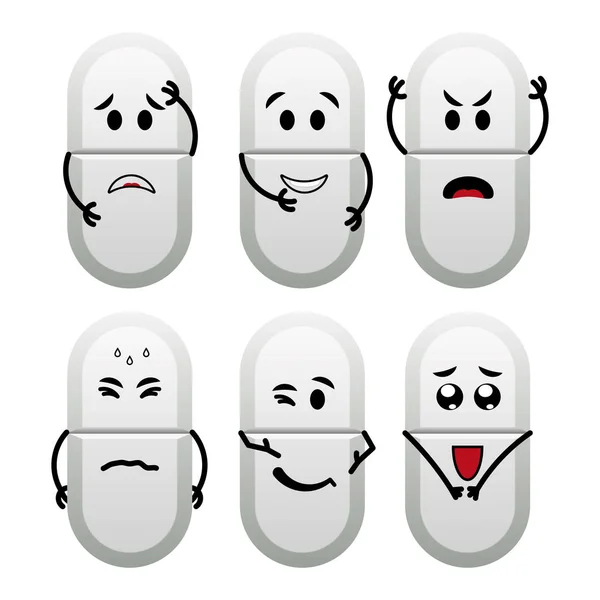 Funny white cartoon pills with different emotions. — Stock Vector