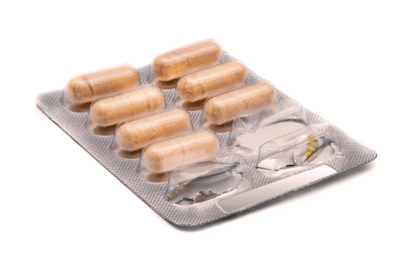 Used aluminum blister pack with medicine herbal pills. — Stock Photo, Image