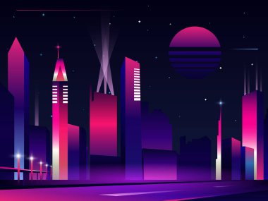 Neon parlayan renklerde gece şehir silüeti