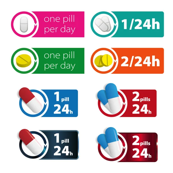 One pill, two pills per day colorful sign — Stock Vector