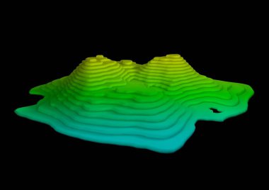 Siyah üzerine izole edilmiş ada yükseklik haritasının soyut 3d topografik çizimi. Topoğrafya haritası. Soyut harita kavramı oluşturuluyor. Harita geçmişi. Coğrafi bilgi grafikleri.