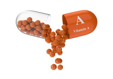 Vitamin bileşiminin döküldüğü beta karotenle kapsülü aç. Tıbbi 3B canlandırma