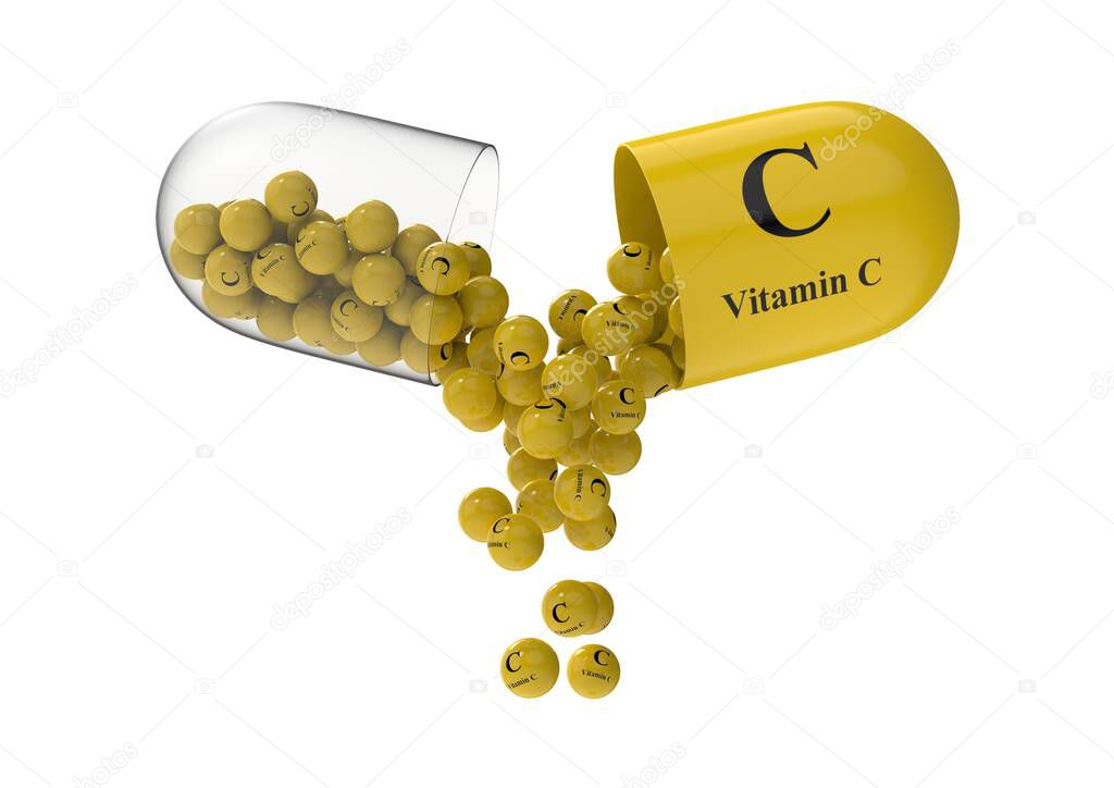 Open capsule with vitamine C from which the vitamin composition is poured. Medical 3D rendering illustration