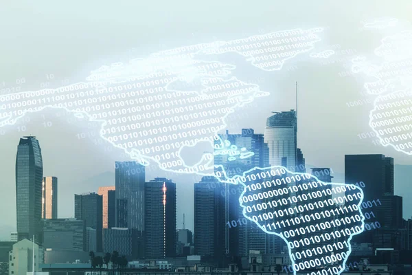 Dupla exposição do mapa digital do holograma da América do Norte no fundo de arranha-céus da cidade de Los Angeles, pesquisa e conceito de estratégia — Fotografia de Stock