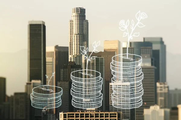 Virtual cash savings illustration on Los Angeles skyline background. Retirement savings and capital increase concept. Multiexposure