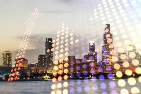 Virtuální šipky nahoru hologram na pozadí města Chicaga, vedení a motivační koncept. Multiexpozice — Stock fotografie