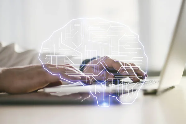 Kreatywna koncepcja sztucznej inteligencji z ludzkim hologramem mózgu i rękami na laptopie na tle. Wieloskładnikowa — Zdjęcie stockowe