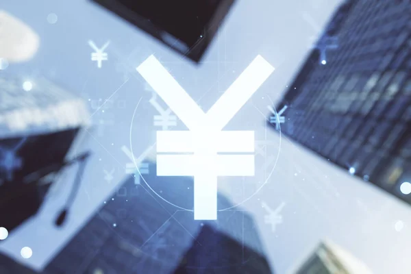 Abstrato virtual Yen símbolo holograma no fundo arquitetura moderna, forex e conceito de moeda. Multiexposição — Fotografia de Stock