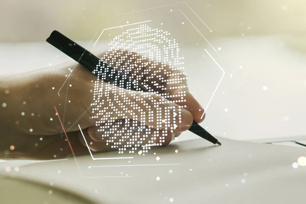 Abstracte creatieve vingerafdruk illustratie met de hand schrijven in dagboek over de achtergrond, persoonlijke biometrische data concept. Meervoudige blootstelling — Stockfoto