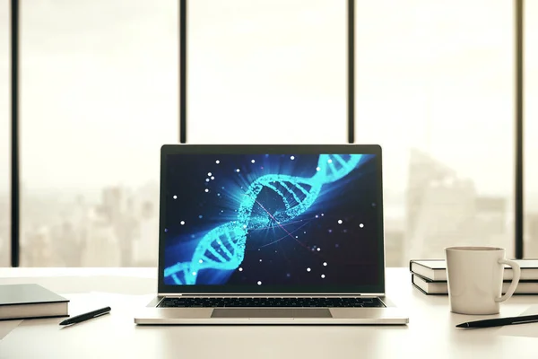 Ilustração de DNA de luz criativa em monitor de computador moderno, conceito de ciência e biologia. Renderização 3D — Fotografia de Stock