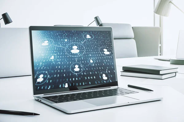 Concepto de red social en la pantalla del ordenador portátil moderno. Renderizado 3D —  Fotos de Stock
