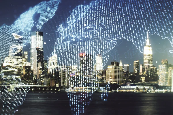 Interfaz de mapa del mundo creativo abstracto en el horizonte de la ciudad de Nueva York, concepto de comercio internacional. Multiexposición — Foto de Stock