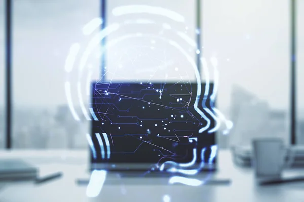 Modern dizüstü bilgisayarında insan kafası hologramı olan yaratıcı yapay zeka kavramı. Çoklu pozlama — Stok fotoğraf