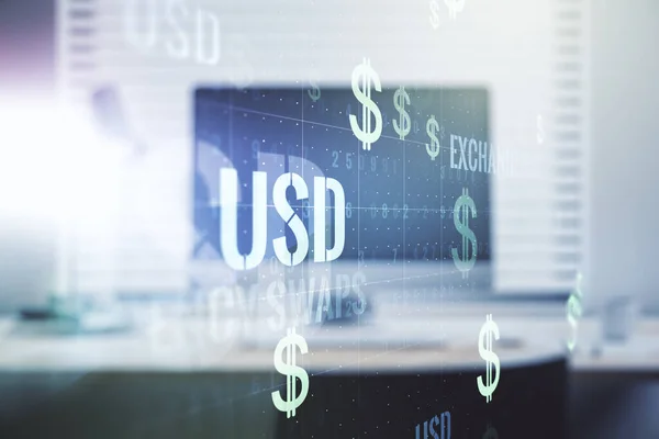 現代のコンピュータの背景、外国為替および通貨の概念に創造的なユーロドル記号のイラスト。多重露光 — ストック写真