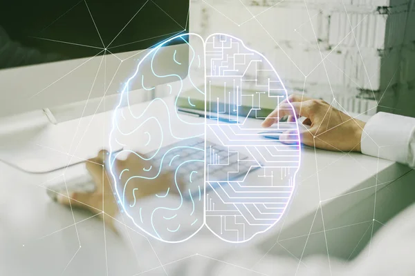 Creative artificial Intelligence concept with human brain hologram and hands typing on laptop on background. Multiexposure — Stock Photo, Image