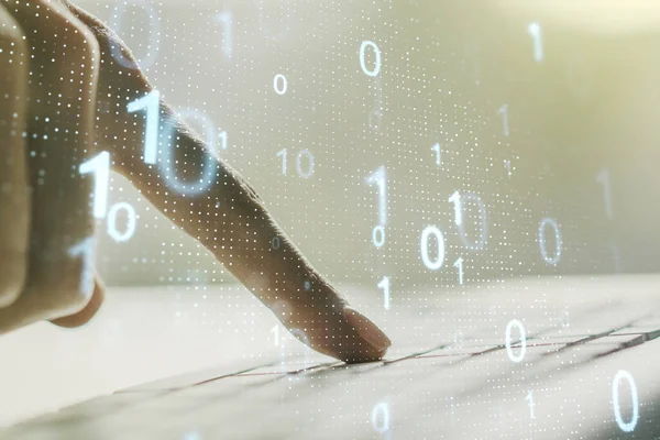Creative abstract binary code sketch and hands typing on computer keyboard on background, hacking and matrix concept. Multiexposure — Stock Photo, Image