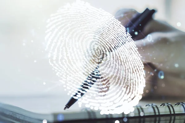 Double exposure of abstract creative fingerprint hologram with woman hand writing in notepad on background, protection of personal information concept