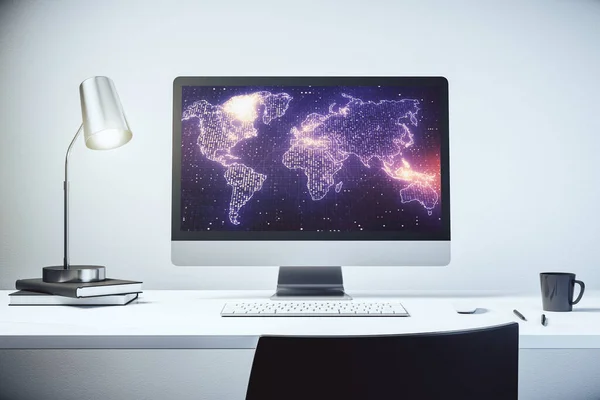 Abstract graphic world map on modern laptop screen, connection and communication concept. 3D Rendering — Stock Photo, Image