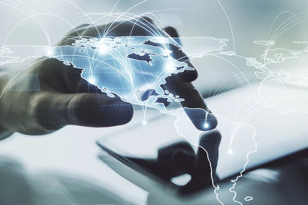 Double exposure of abstract digital world map with connections and hand working with a digital tablet on background, big data and blockchain concept — Stock Photo, Image