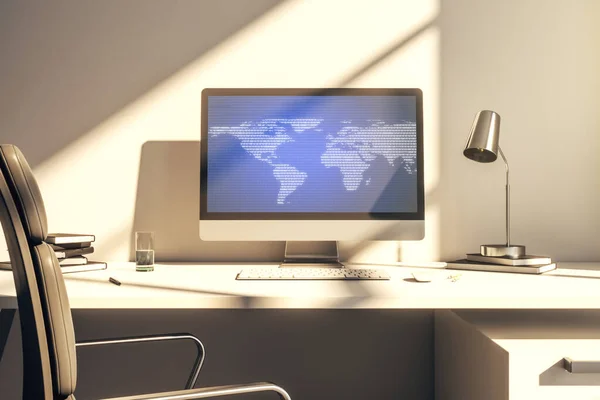 Monitor de computadora moderno con mapa digital abstracto del mundo, investigación y concepto de estrategia. Renderizado 3D —  Fotos de Stock
