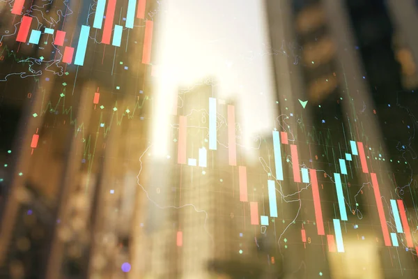 Economic crisis chart and world map hologram on modern architecture background, bankruptcy and recession concept. Multiexposure