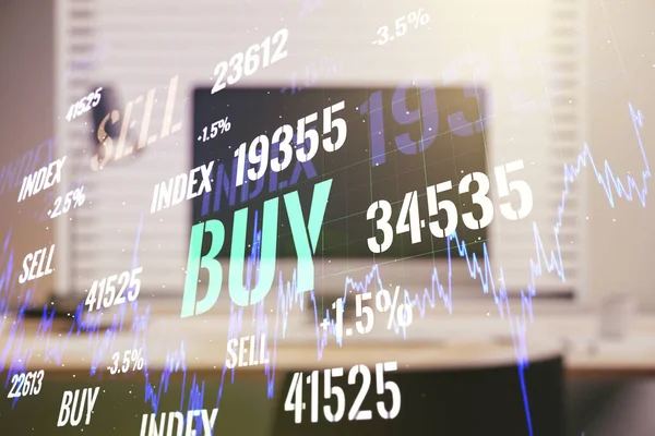 Multiexposure van abstracte financiële grafiek over laptop achtergrond, financieel en trading concept — Stockfoto
