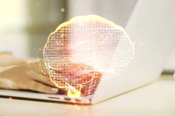 Creative artificial Intelligence concept with human brain hologram and hands typing on laptop on background. Multiexposure — Stock Photo, Image