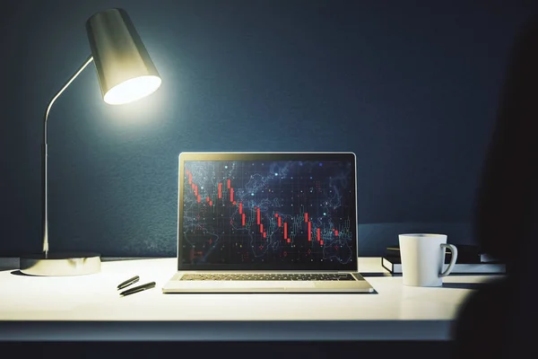 Modern datorskärm med kreativ abstrakt globalt krisdiagram med världskarta hologram. Begreppet finanskris och recession. 3D-återgivning — Stockfoto