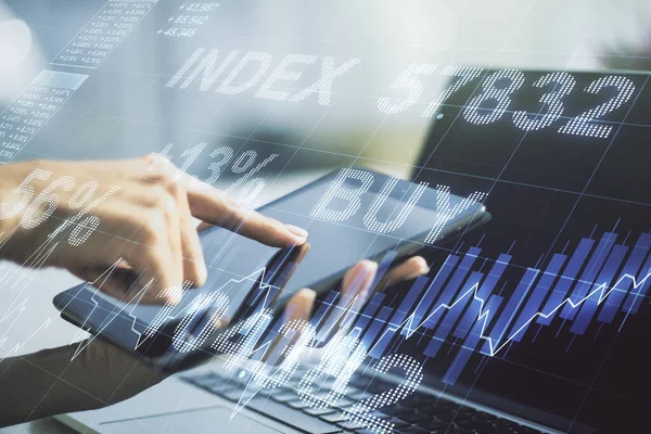 Abstract creative financial graph with finger clicks on a digital tablet on background, financial and trading concept. Multiexposure