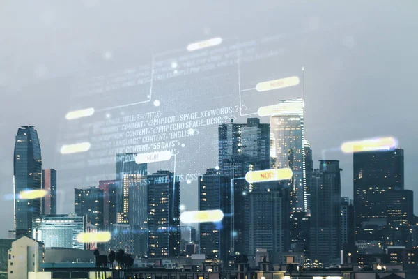 Multi exposição do holograma abstrato da língua de programação no fundo dos edifícios de escritório de Los Angeles, inteligência artificial e conceito da aprendizagem de máquina — Fotografia de Stock