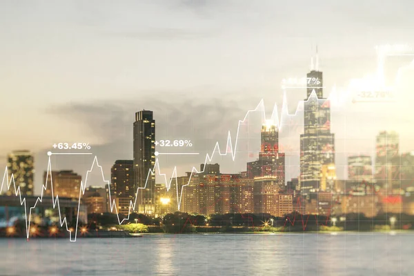 시카고 사무실 건물의 배경, 은행 및 회계 개념에 대한 가상 추상적 인 금융 다이어그램의 다중 노출 — 스톡 사진