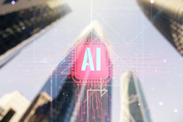 Creative artificial Intelligence symbol hologram on modern architecture background. Double exposure