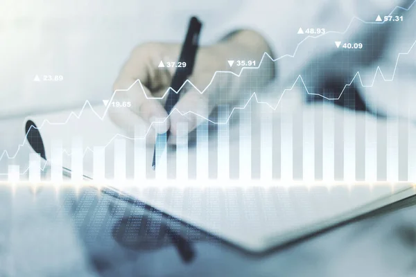 Abstract creative financial graph with hand writing in notebook on background, forex and investment concept. Multiexposure — Stock Photo, Image