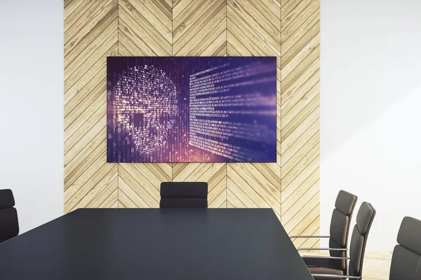 Modern bir sunum odasında görüntülenen yaratıcı kod kafatası hologramı, siber suç ve hackleme konsepti. 3B Hazırlama — Stok fotoğraf