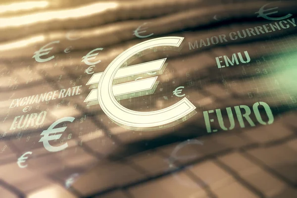 Virtuele EURO symbolen illustratie op abstracte metalen achtergrond, forex en valuta concept. Meervoudige blootstelling — Stockfoto
