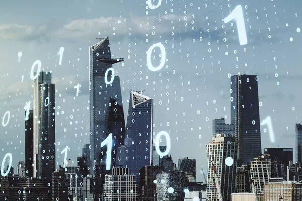 Exposição dupla de holograma de código binário virtual abstrato no fundo de arranha-céus da cidade de Nova York. Conceito de banco de dados e programação — Fotografia de Stock